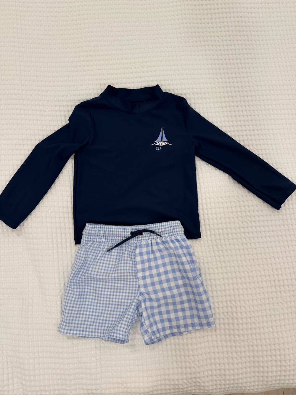 Carter’s Boys Navy Sail Rash Guard and Blue Gingham Swim Shorts Set (Size: 3)